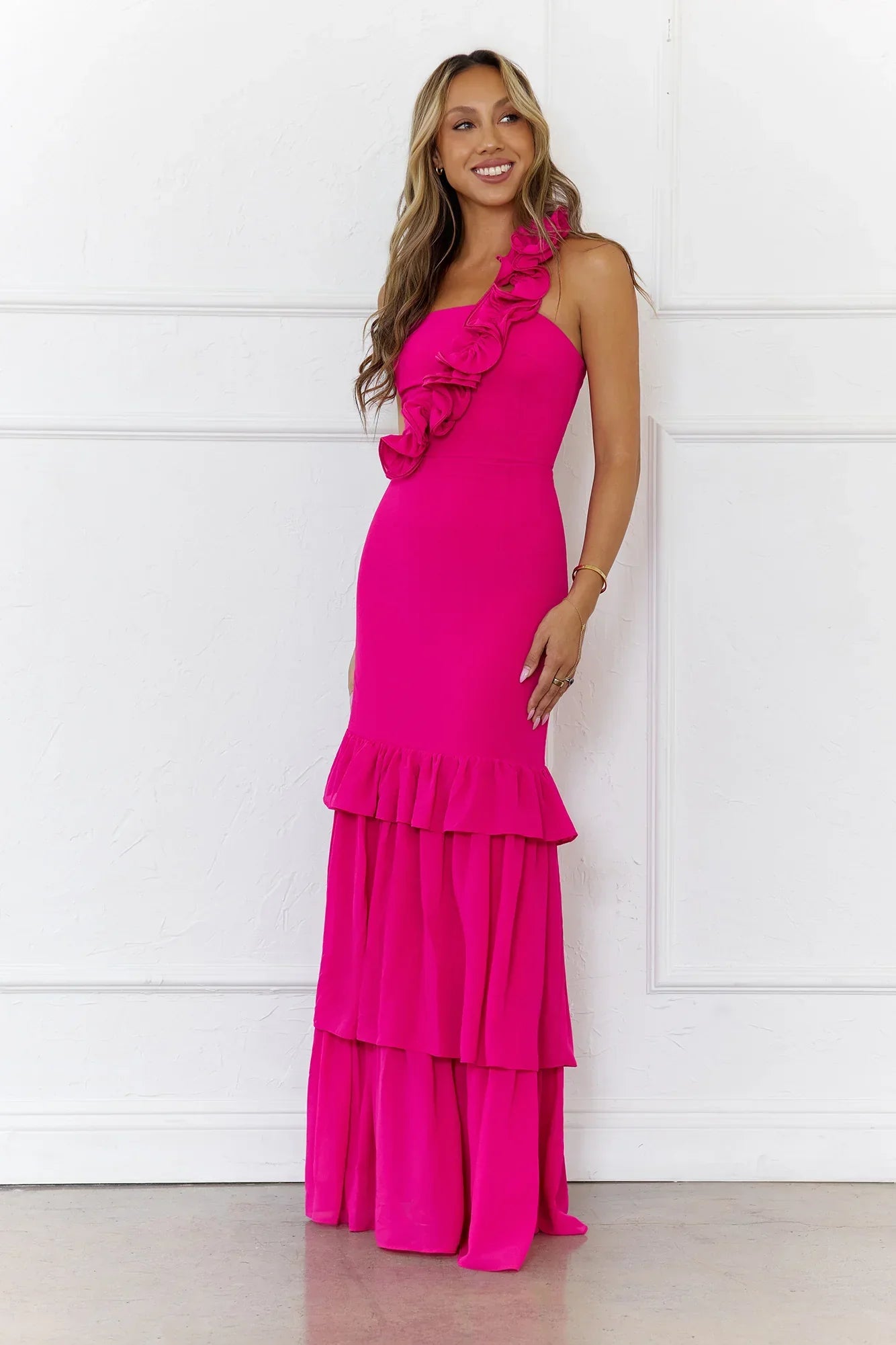 Blooming In Summer One Shoulder Maxi Dress Pink